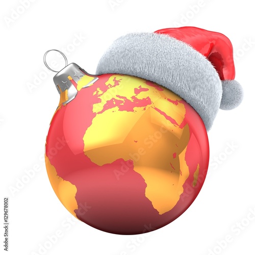 3d illustration of classic Christmas ball over white background with earth map and Christmas hat