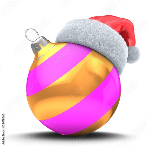3d illustration of pink Christmass ball over white background with golden line and Christmas hat