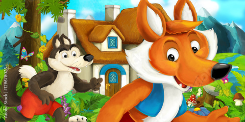Cartoon scene with fox and wolf near village house - illustration for children