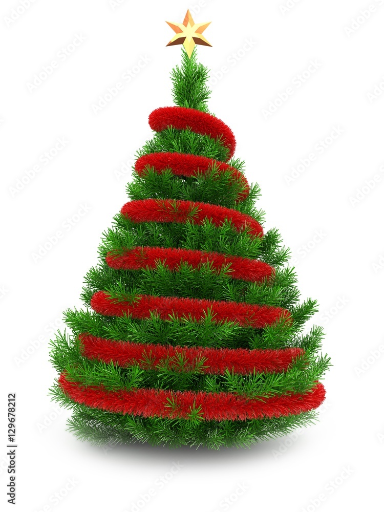 3d illustration of green Christmas tree over white background with red tinsel and golden star 3d illustration of green Christmas tree over white background with red tinsel and golden star