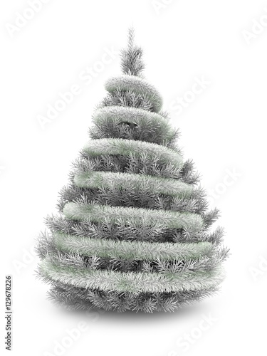 3d illustration of silver Christmas tree over white background with tinslel