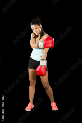  fitness woman with girl red boxing gloves posing in defiant and competitive fight attitude
