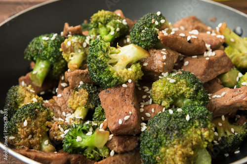 Broccoli and beef cooked on olive oil