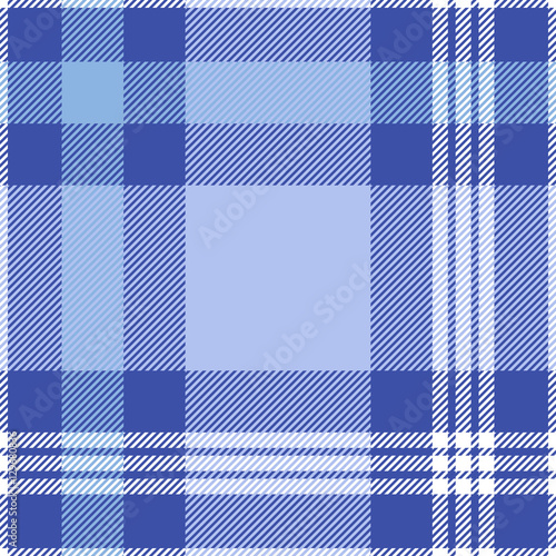 Seamless tartan plaid pattern. Checkered fabric texture print in white, soft blue & periwinkle blue stripes on dark moderate blue background.
