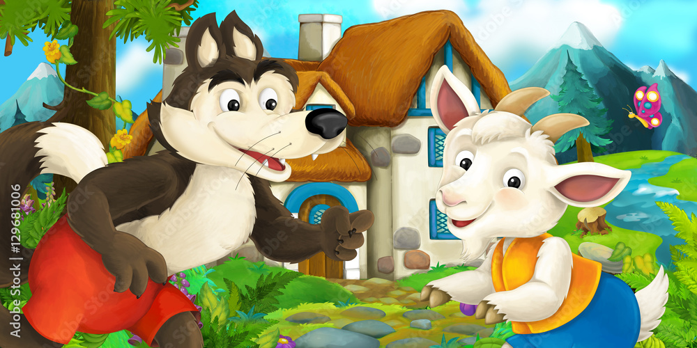 Cartoon scene with goat and wolf near village house - illustration for children Cartoon scene with goat and wolf near village house - illustration for children