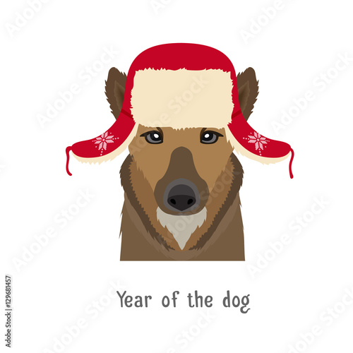 Vector dog head in winter new year christmas flapped hat