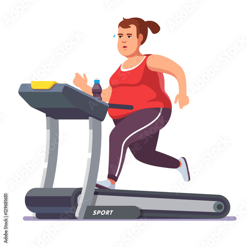 Obese young woman running on treadmill