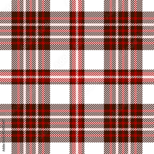 Seamless tartan plaid pattern. Checkered fabric texture print in dark brown, dark red & pale pink stripes on white background. 