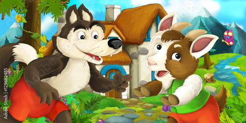 Fototapeta Cartoon scene with goat and wolf near village house - illustration for children