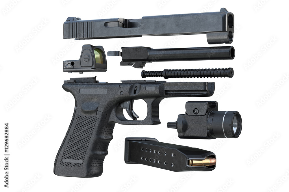 Gun weapon handgun military defense, disassembled. 3D rendering