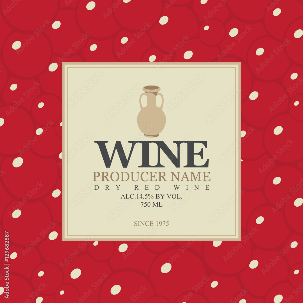 wine label with a clay jug in bunch of grapes background