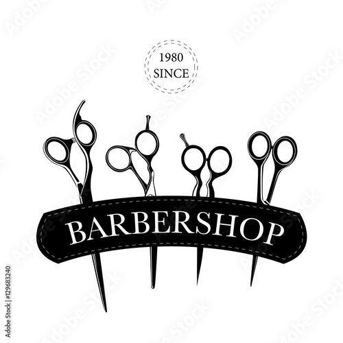 Logo for barbershop, hair salon with set of barber scissors. Vector Illustration