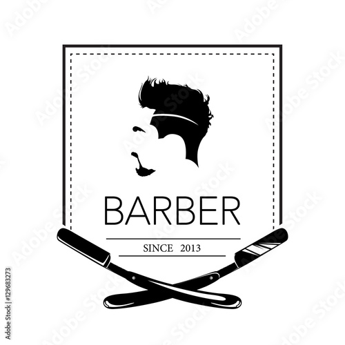 Logo for barbershop, hair salon with hipster head and barber razor blades. Vector Illustration