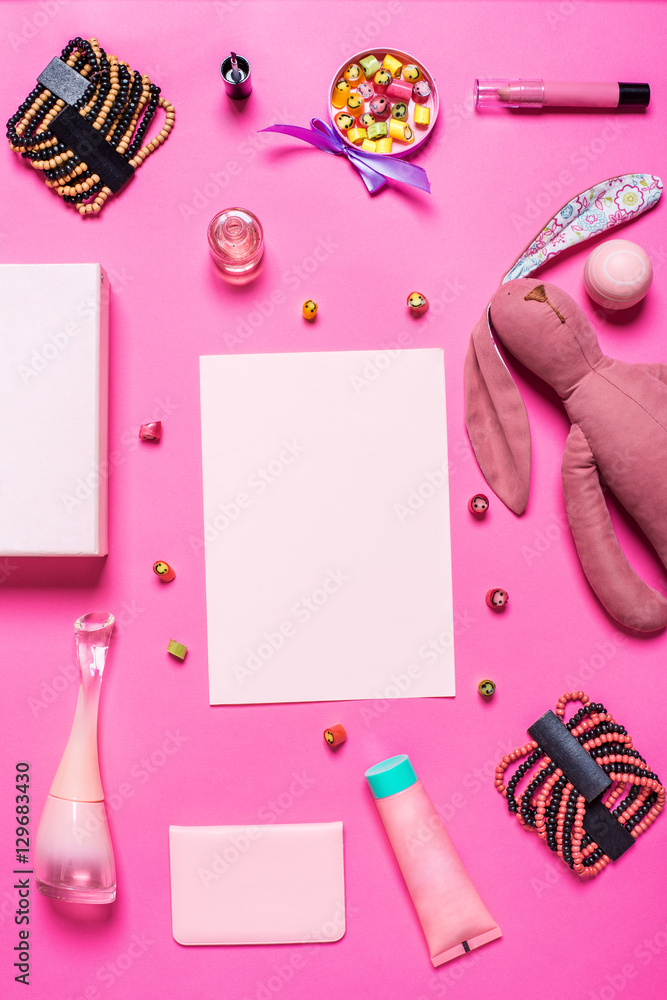 Girl's accessories on a pink background Girl's accessories on a pink background
