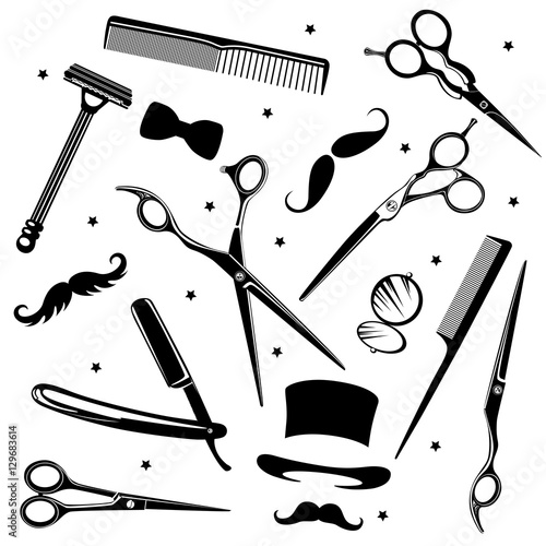 Set of men's fashion icons including barber tools and gentlemen's accessories. Vector Illustration