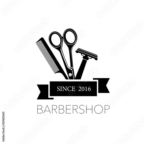 Logo for barbershop, hair salon with barber scissors, razor and comb. Vector Illustration