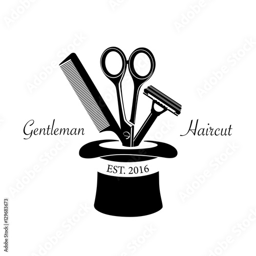 Logo for barbershop, hair salon with barber scissors, razor and comb. Vector Illustration