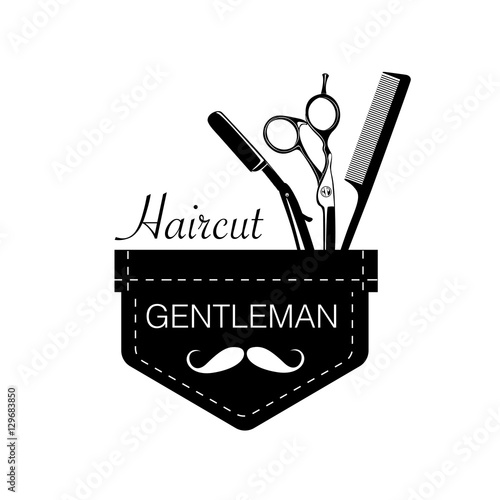 Logo for barbershop, hair salon with barber scissors, razor and comb. Vector Illustration