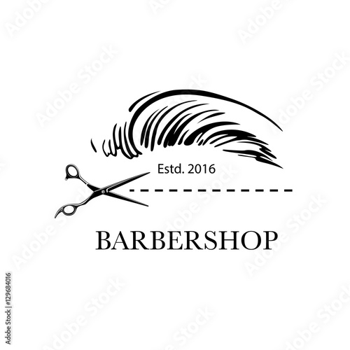 Logo for barbershop, hair salon with barber scissors and haircut. Vector Illustration