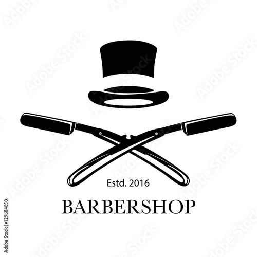 Logo for barbershop, hair salon with barber razor blades and top hat. Vector Illustration