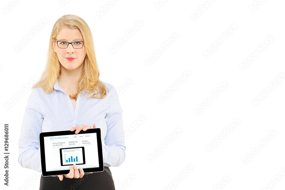 Businesswoman holding device showing Business website - Copyspace Businesswoman holding device showing Business website - Copyspace