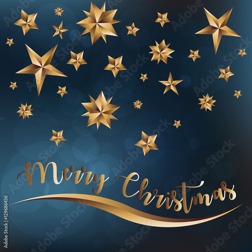 Gold stars and Merry Christmas text on soft dark blue background. Vector illustration.
