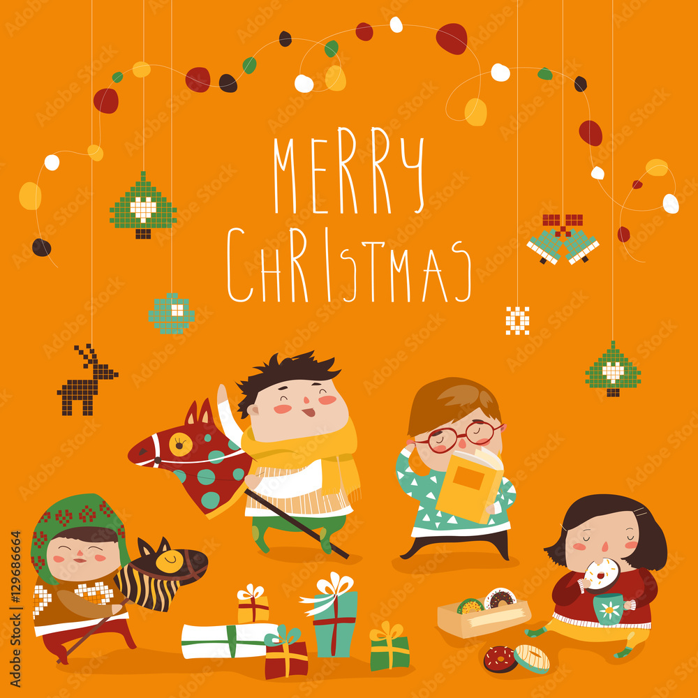 Fototapeta premium Card with cute kids, sweets and christmas presents