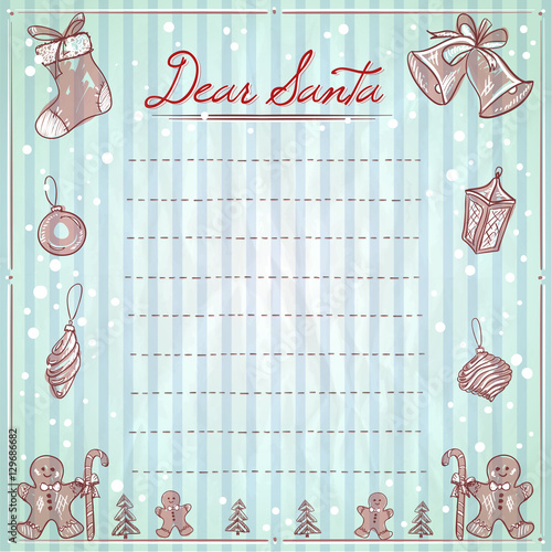 Dear Santa christmas illustration with empty space for text, wish list, xmas elements and frame