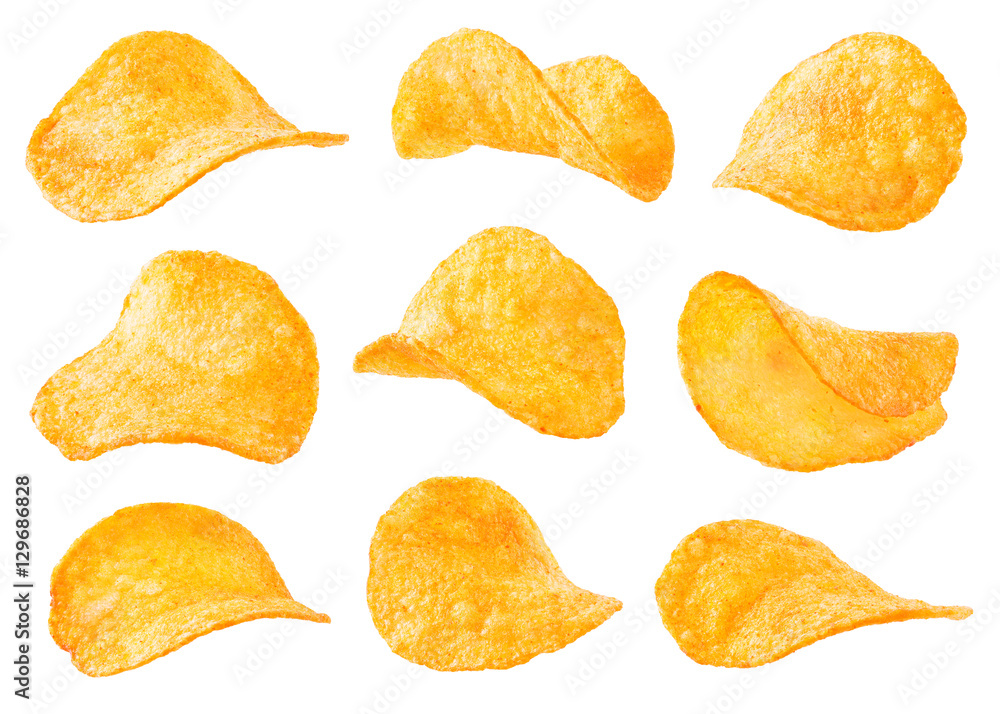 Foto Potato chips isolated on white background. Collection.