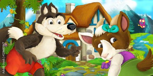 Fototapeta Naklejka Na Ścianę i Meble -  Cartoon scene with goat and wolf near village house - illustration for children
