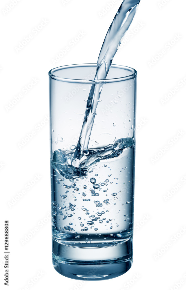 Water. Splashing. Jet falling into the glass isolated on white b Water. Splashing. Jet falling into the glass isolated on white b