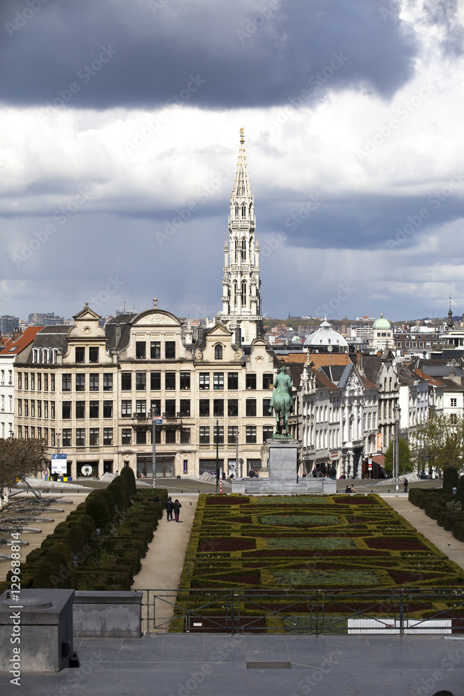 Brussels, Belgium - April, 17 2016: View from Monts des Arts with view on the tower of cityhall. Brussels is the capital of Belgium and the de facto capital of the European Union.