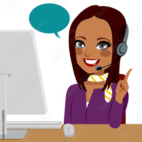 Beautiful young brunette Indian woman working on call center helping customer