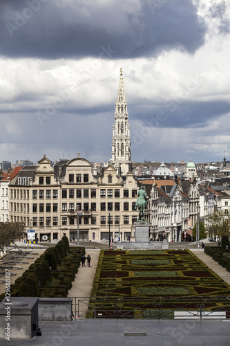 Fototapeta Naklejka Na Ścianę i Meble -  Brussels, Belgium - April, 17 2016: View from Monts des Arts with view on the tower of cityhall. Brussels is the capital of Belgium and the de facto capital of the European Union.