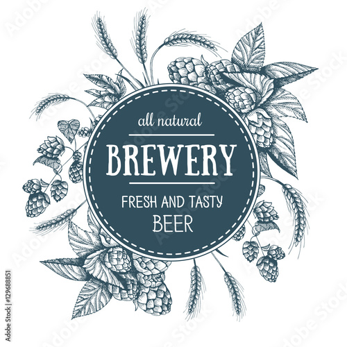 Design template for beer pub. Menu label with barley and hop. Circle concept. Hand-drawn vector illustration