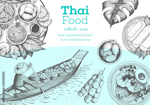 Asian food background. Asian food poster. Thai food menu restaurant. Thai food sketch menu. Vector illustration