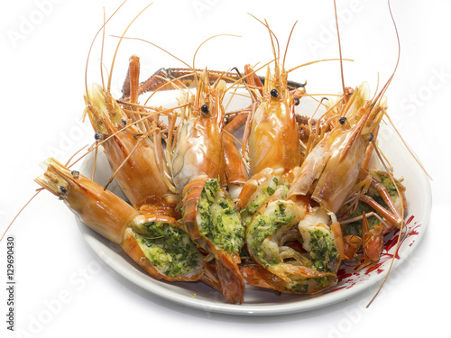 Roasted prawn with cheese butter and vegetables. © setthawit