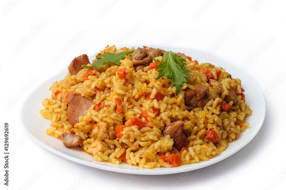 rice pilaf with meat carrot and onion isolated on white background rice pilaf with meat carrot and onion isolated on white background