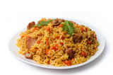 rice pilaf with meat carrot and onion isolated on white background