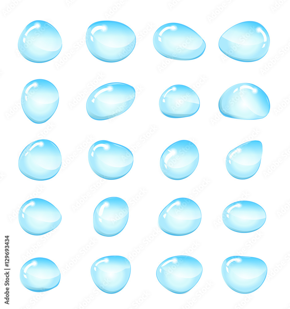 Water drops, splashes set. Raindrops isolated on white background. Cartoon drop different shapes. Vector illustration, clip art Water drops, splashes set. Raindrops isolated on white background. Cartoon drop different shapes. Vector illustration, clip art
