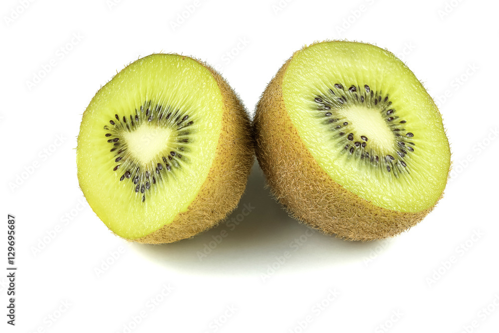 Close up macro kiwi fruit slices cut isolated on white background