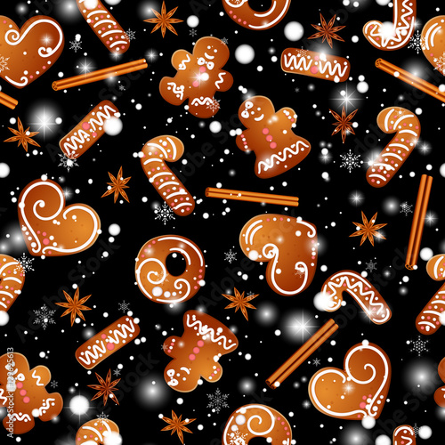 Christmas design with gingerbread man, hearts, snowflakes and snow. Vector seamless pattern