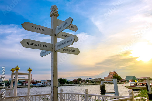 BANGKOK, THAILAND - Sep 17, 2016: Sign pole and sky sunset at Yodpiman River walk in Bangkok, Thailand