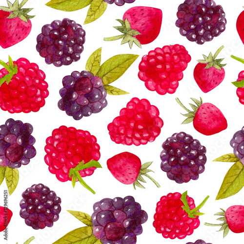 Seamless pattern with blackberries  raspberries and strawberries. Colorful illustration. Watercolor handpainted texture on white background for wallpaper  blogs cover