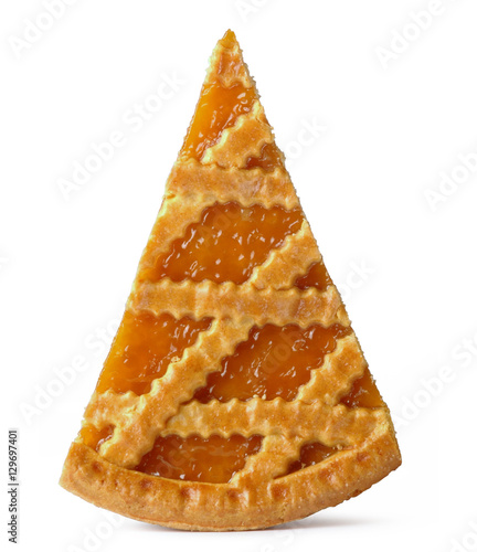 italian jam pie slice in vertical, isolated on white with shadow
