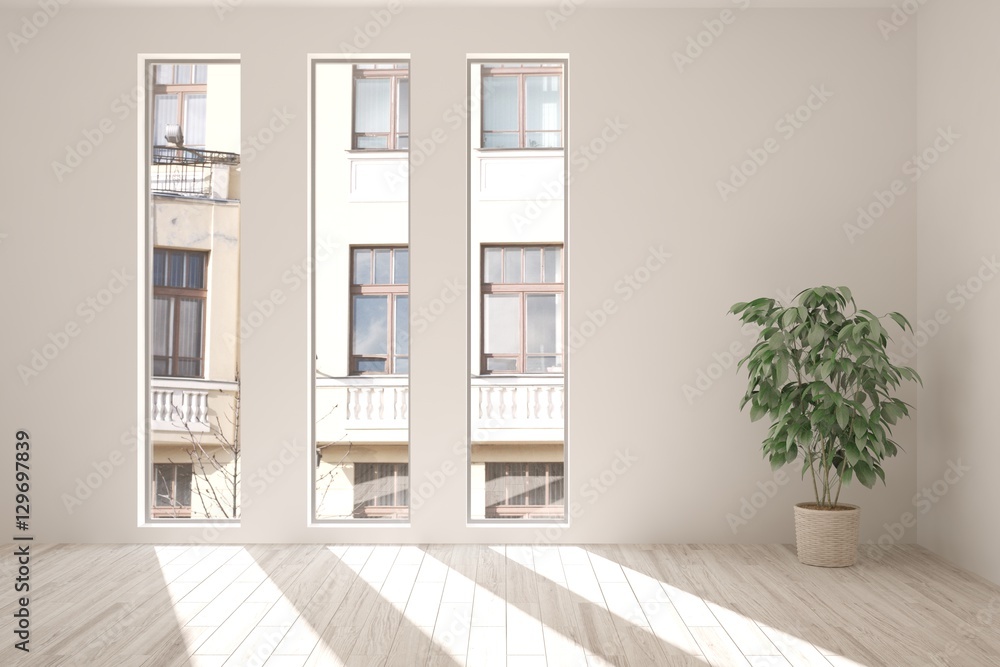 White room with flower and urban landscape in window. Scandinavian interior design White room with flower and urban landscape in window. Scandinavian interior design