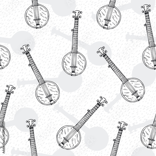 Black and White Seamless Pattern with Banjos