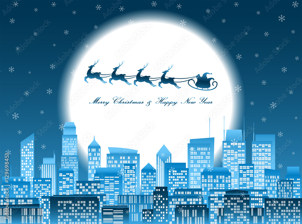 Merry christmas santa in a sledge flying over a night city