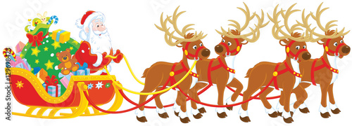 The night before Christmas, Santa Claus with a big bag of Christmas presents in his sleigh with reindeers
beginning the magic journey round the world
