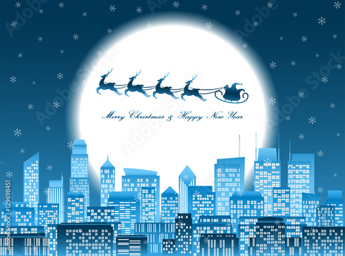 Merry christmas santa in a sledge flying over a night city